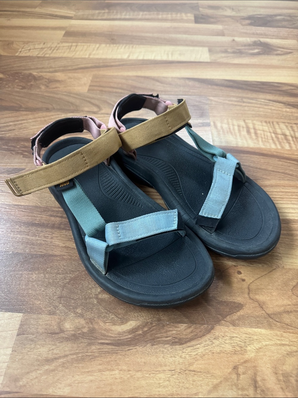 Teva Women's Black Sandals with Tan, Blue & Pink Straps
